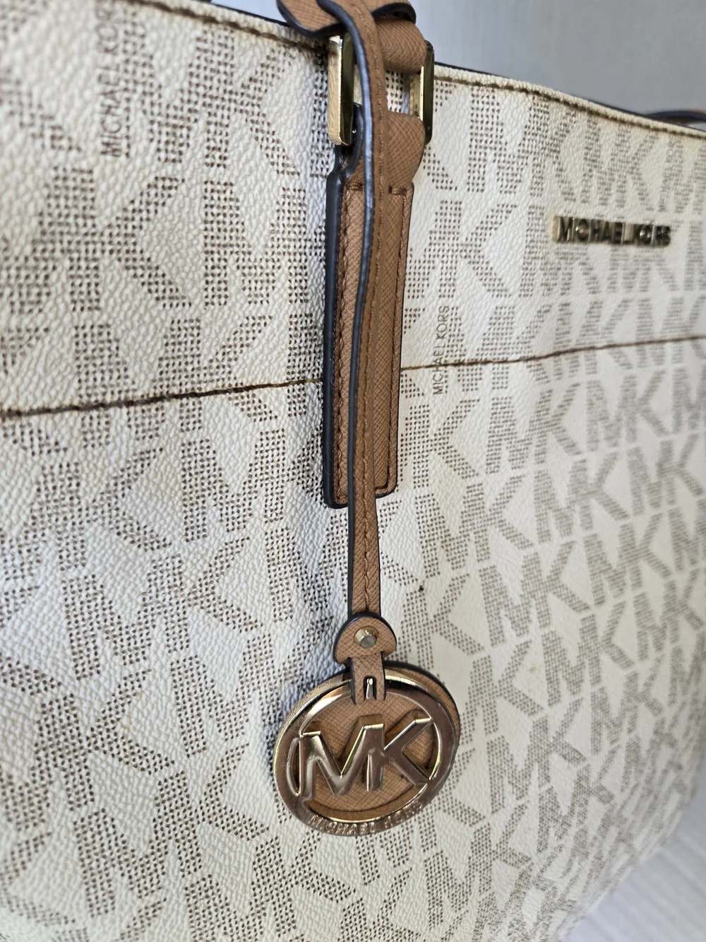 Michael Kors Cream Signature MK Tote with Tan Leather Straps